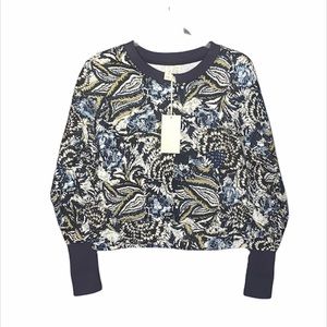 Joie Caleigh Blue White Floral Paisley Cropped Sweatshirt Thumbholes Small